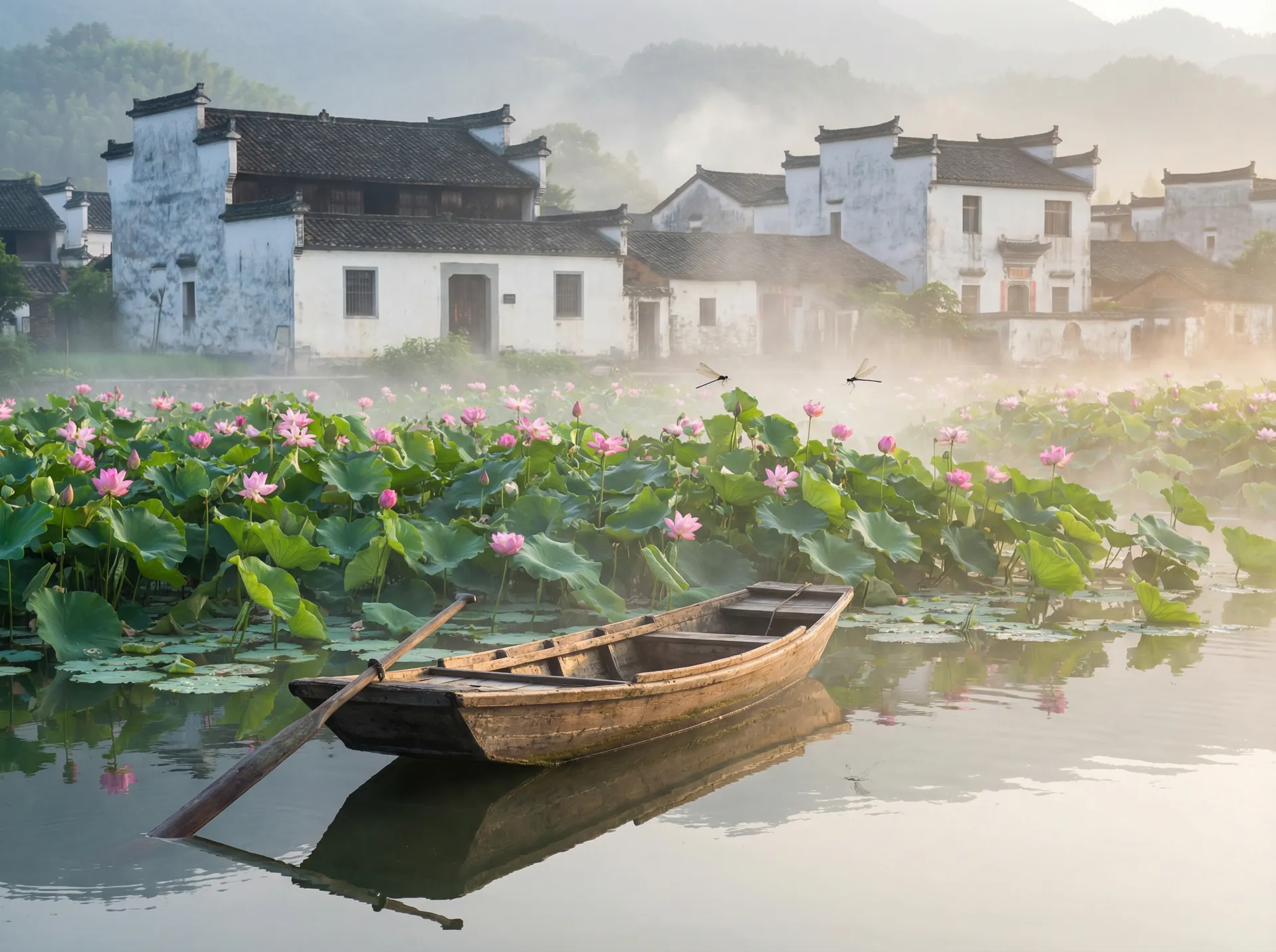 清晨荷塘小舟，粉色荷花盛开，白墙黑瓦的村庄 - 呼吸过度全集无删减 水乡风情